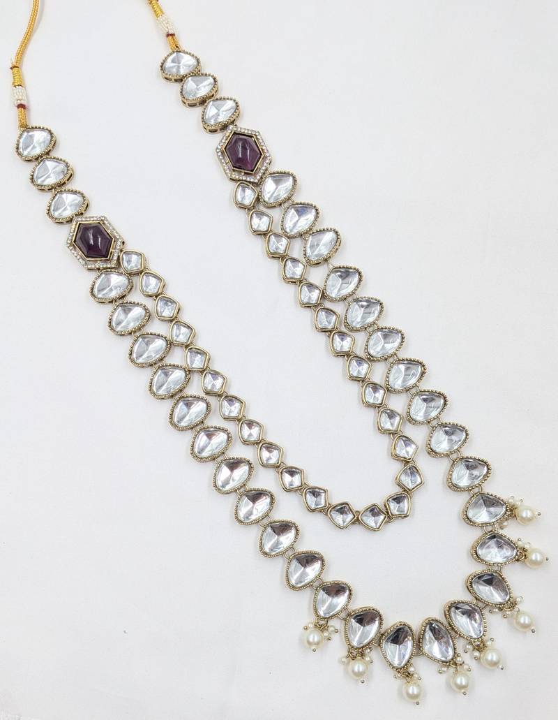 Purple antique gold-plated agate stone kundan mala for men