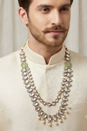 pista antique gold-plated agate stone kundan mala for men