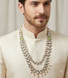 Pista antique gold-plated agate stone kundan mala for men