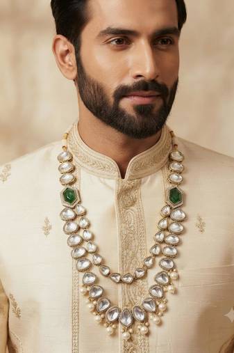 green antique gold-plated agate stone kundan mala for men