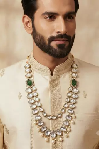 Green antique gold-plated agate stone kundan mala for men