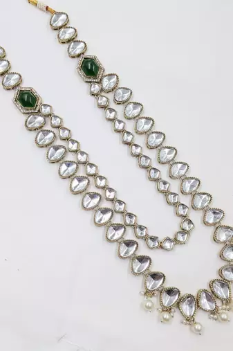 Green antique gold-plated agate stone kundan mala for men