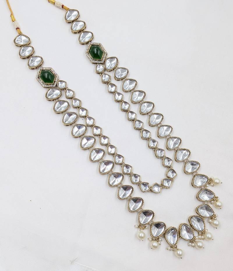 Green antique gold-plated agate stone kundan mala for men