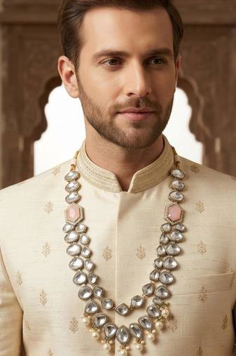 pink antique gold-plated agate stone kundan mala for men