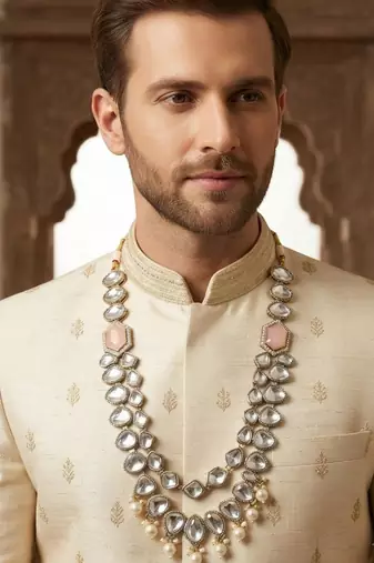 Pink antique gold-plated agate stone kundan mala for men