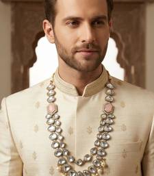 Pink antique gold-plated agate stone kundan mala for men