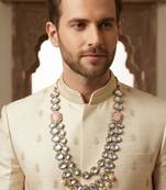 Pink antique gold-plated agate stone kundan mala for men