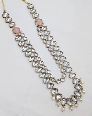 Pink antique gold-plated agate stone kundan mala for men 2