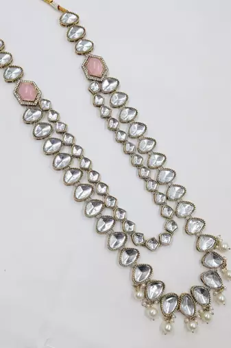 Pink antique gold-plated agate stone kundan mala for men
