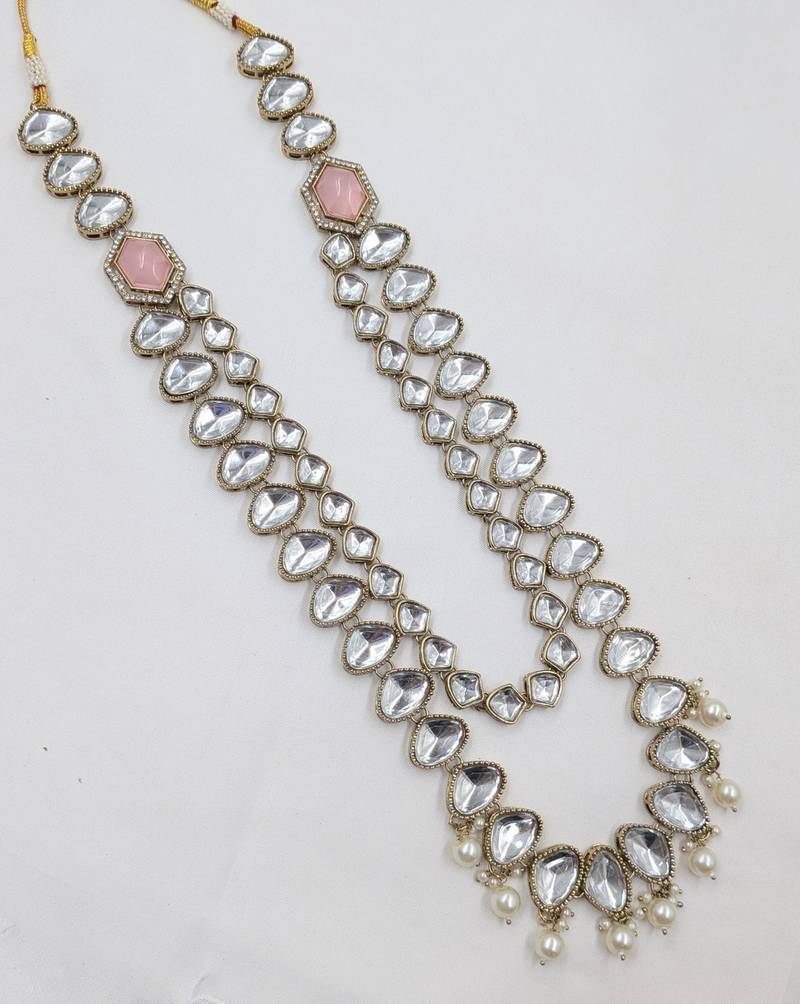 Pink antique gold-plated agate stone kundan mala for men