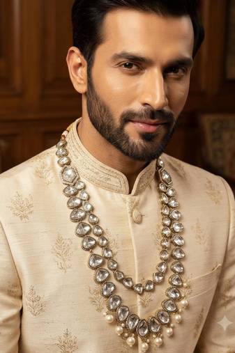 white antique gold-plated agate stone kundan mala for men