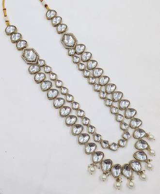 White antique gold-plated agate stone kundan mala for men 2