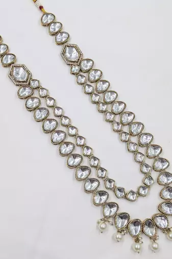 White antique gold-plated agate stone kundan mala for men