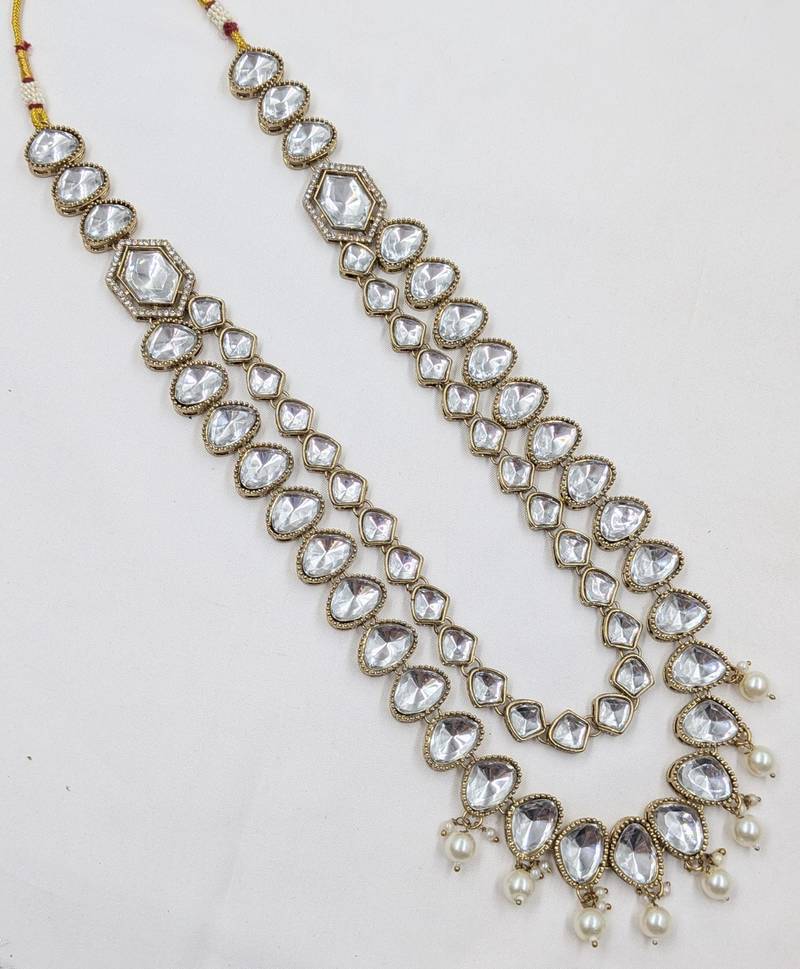White antique gold-plated agate stone kundan mala for men