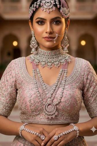 baby pink 2-layer bridal jewelry set with earrings, maang tikka, pasha, nath & panja   rhodium plated
