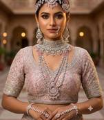 baby pink 2-layer bridal jewelry set with earrings, maang tikka, pasha, nath & panja   rhodium plated