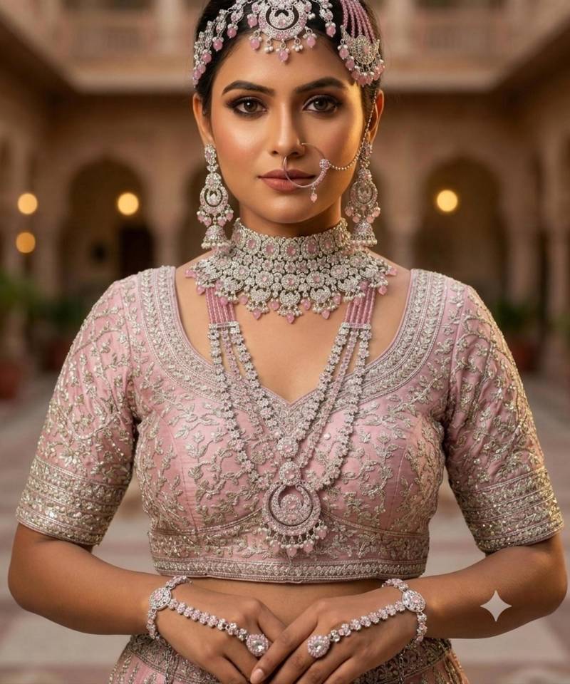 baby pink 2-layer bridal jewelry set with earrings, maang tikka, pasha, nath & panja   rhodium plated