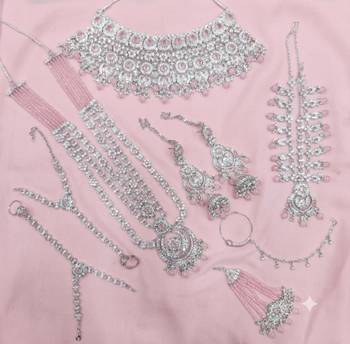 baby pink 2-layer bridal jewelry set with earrings, maang tikka, pasha, nath & panja   rhodium plated 2