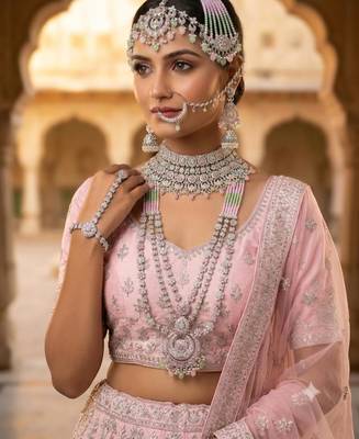 pink pista 2-layer bridal jewelry set with earrings, maang tikka, pasha, nath & panja   rhodium plated 1