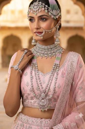 pink pista 2-layer bridal jewelry set with earrings, maang tikka, pasha, nath & panja   rhodium plated