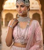 pink pista 2-layer bridal jewelry set with earrings, maang tikka, pasha, nath & panja   rhodium plated
