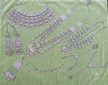 pink pista 2-layer bridal jewelry set with earrings, maang tikka, pasha, nath & panja   rhodium plated 2