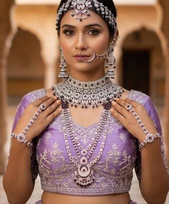 Purple 2-layer bridal jewelry set with earrings, maang tikka, pasha, nath & panja | rhodium plated 1