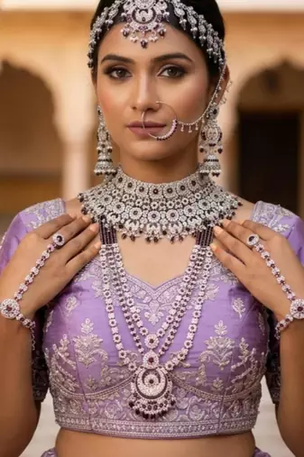 Purple 2-layer bridal jewelry set with earrings, maang tikka, pasha, nath & panja | rhodium plated