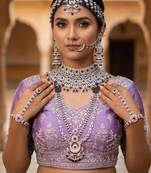 Purple 2-layer bridal jewelry set with earrings, maang tikka, pasha, nath & panja | rhodium plated