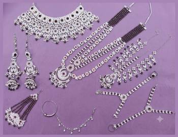 Purple 2-layer bridal jewelry set with earrings, maang tikka, pasha, nath & panja | rhodium plated 2