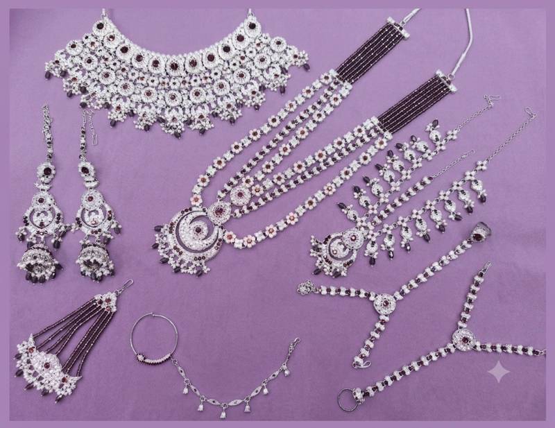 Purple 2-layer bridal jewelry set with earrings, maang tikka, pasha, nath & panja | rhodium plated