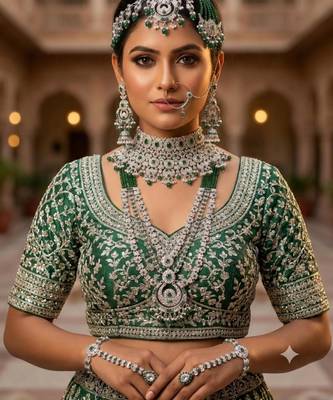 Green 2-layer bridal jewelry set with earrings, maang tikka, pasha, nath & panja | rhodium plated 1