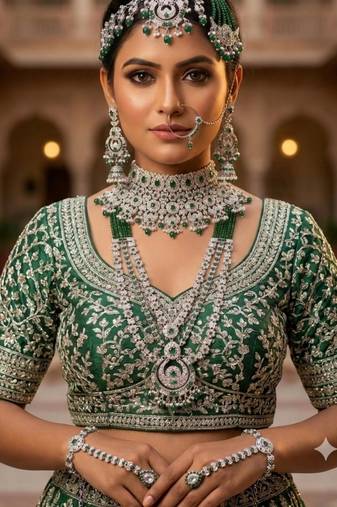 green 2-layer bridal jewelry set with earrings, maang tikka, pasha, nath & panja   rhodium plated