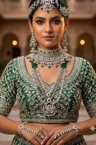 Green 2-layer bridal jewelry set with earrings, maang tikka, pasha, nath & panja | rhodium plated
