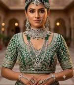 Green 2-layer bridal jewelry set with earrings, maang tikka, pasha, nath & panja | rhodium plated