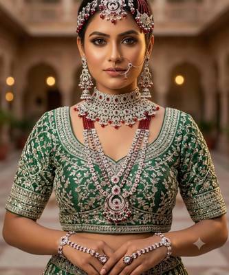 Maroon 2-layer bridal jewelry set with earrings, maang tikka, pasha, nath & panja | rhodium plated 1
