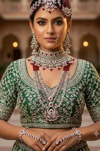 Maroon 2-layer bridal jewelry set with earrings, maang tikka, pasha, nath & panja | rhodium plated