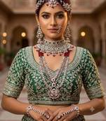 Maroon 2-layer bridal jewelry set with earrings, maang tikka, pasha, nath & panja | rhodium plated