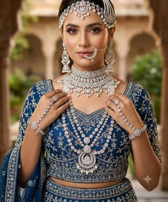 White 2-layer bridal jewelry set with earrings, maang tikka, pasha, nath & panja | rhodium plated 1