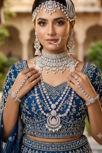 white 2-layer bridal jewelry set with earrings, maang tikka, pasha, nath & panja   rhodium plated
