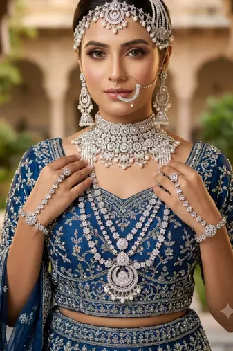 White 2-layer bridal jewelry set with earrings, maang tikka, pasha, nath & panja | rhodium plated