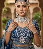 White 2-layer bridal jewelry set with earrings, maang tikka, pasha, nath & panja | rhodium plated