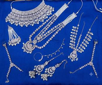 White 2-layer bridal jewelry set with earrings, maang tikka, pasha, nath & panja | rhodium plated 2