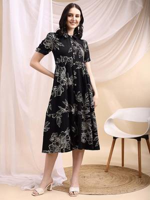 Black rayon fit &flared floral printed casual kurta for women 1