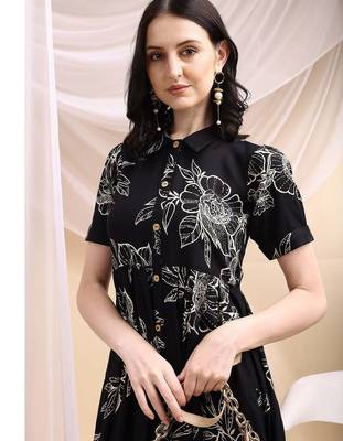 Black rayon fit &flared floral printed casual kurta for women 2