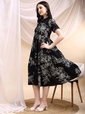 Black rayon fit &flared floral printed casual kurta for women 4