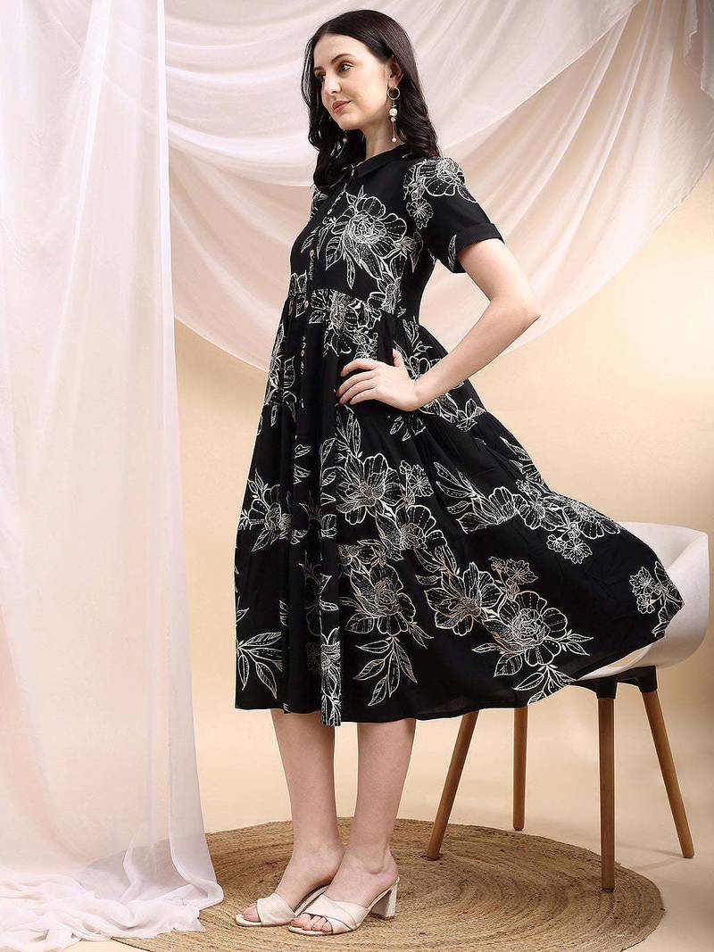 Black rayon fit &flared floral printed casual kurta for women