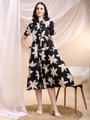 Black rayon fit &flared floral printed casual kurta for women 1