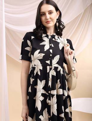 Black rayon fit &flared floral printed casual kurta for women 2