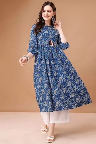 Blue rayon fit &flared floral printed casual kurta for women